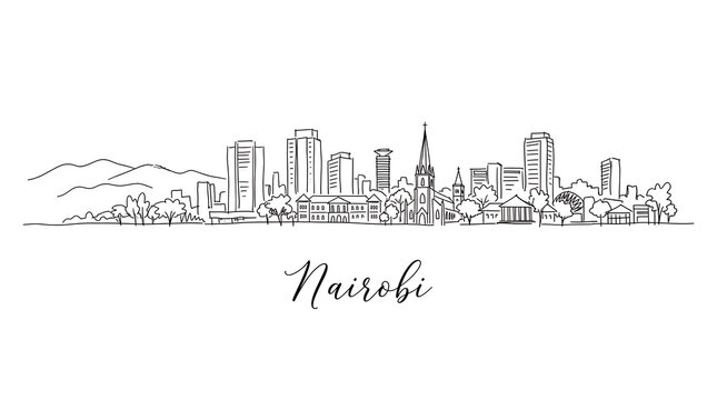 Minimalist black and white cityscape of Nairobi showcasing skyline with modern buildings and iconic church structures beneath a