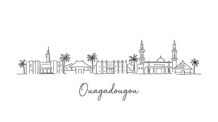 Obraz premium Elegant minimalist line art depicting Ouagadougou's cityscape with iconic structures and palm trees emphasizing urban beauty and