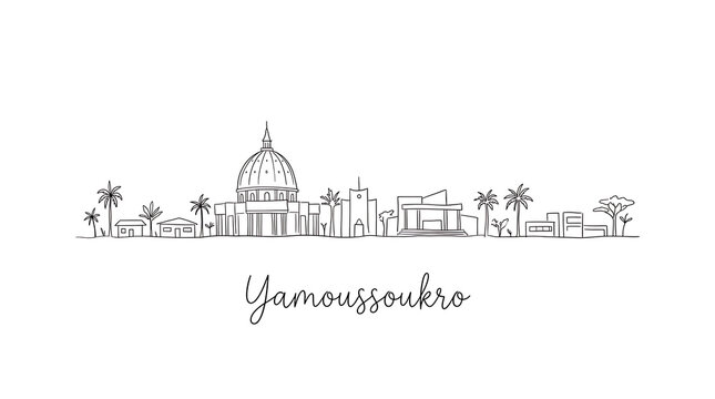 Minimalist line drawing of Yamoussoukro cityscape showcasing iconic architecture and lush palms illustrating urban and natural