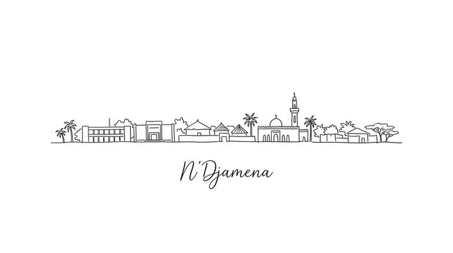 Minimalist line art illustration of N'Djamena cityscape featuring iconic landmarks and urban scenery