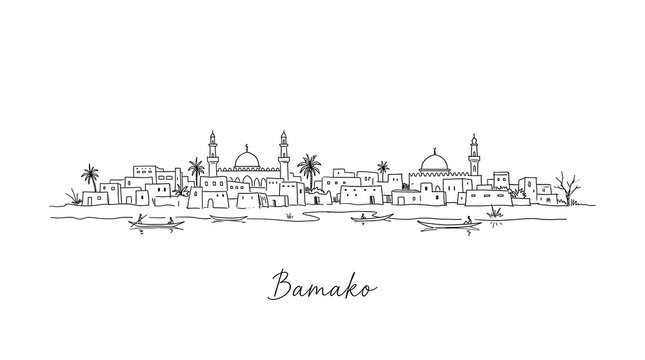 Minimalist Illustration of Bamako City Skyline Featuring Traditional Buildings and Mosques with Palm Trees and Boat Arrivals