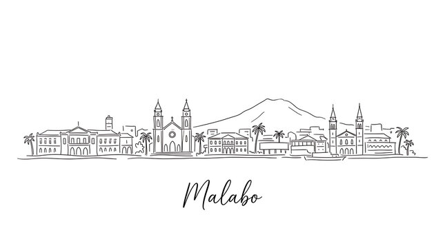 Stylized line art illustration showcasing malabo cityscape with iconic buildings and mountain backdrop emphasizing urban and