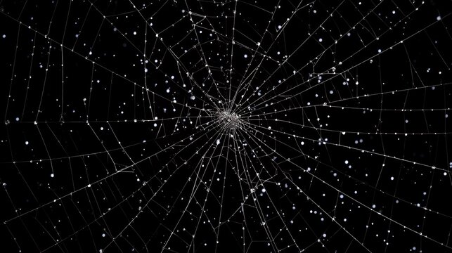 Creepy Halloween spider web overlay with glowing white threads isolated on black, perfect for horror themed digital backgrounds