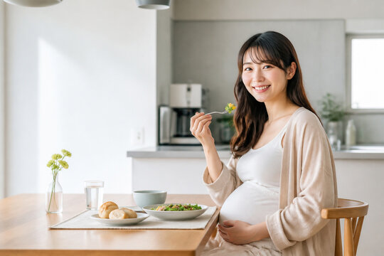 ダイニングで食事をする笑顔の妊婦 Generative AI