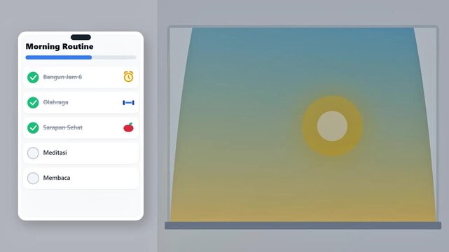 Animated morning routine checklist with rising sun and productivity progress bar in flat design style