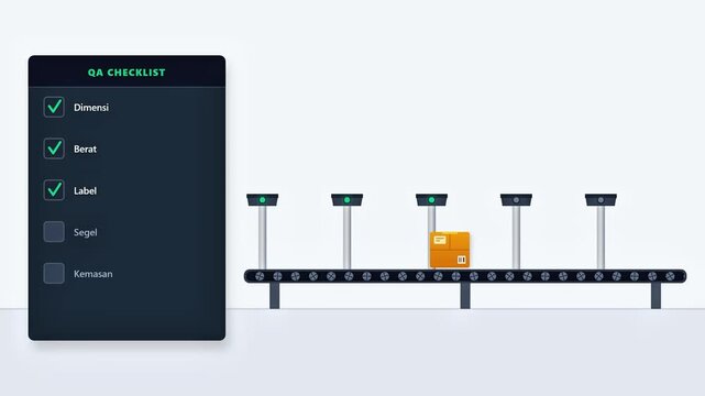 Automated quality assurance process showing a cardboard box moving on a conveyor belt with a digital checklist