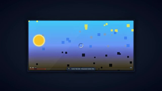 Pixelated digital video screen playback buffering with loading spinner progress bar and notification during unstable internet connection