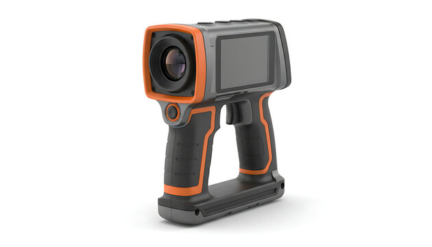 Handheld thermal imaging camera with orange accents isolated on a clean white background.