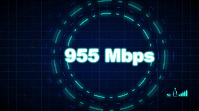 High speed internet data transfer test animation showing 5G network performance on a futuristic digital interface with glowing blue grid pattern