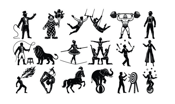 Circus Silhouette Design Elements Set Featuring Ringmaster Clown Acrobats Lion Tamer Elephant Performers Vector Icons