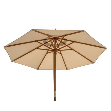 Beige outdoor patio umbrella with wooden frame isolated on transparent background