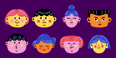 Obraz premium Colorful Flat Character Avatars and Diverse Facial Expressions Set