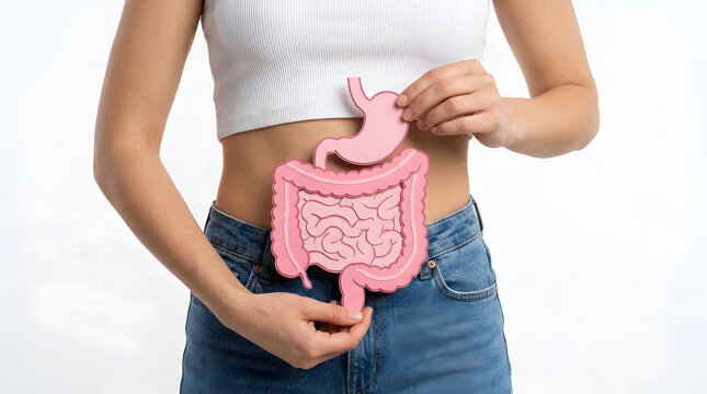 Woman Holding Anatomical Digestive System Illustration, Stomach and Intestines Health Concept