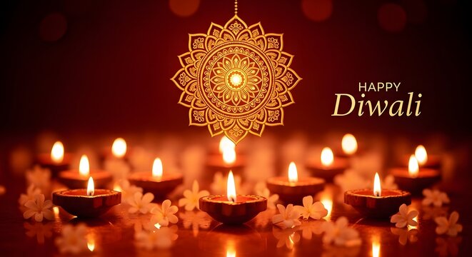 Beautiful diwali background with glowing oil lamps and traditional golden mandala pattern for the festival of lights