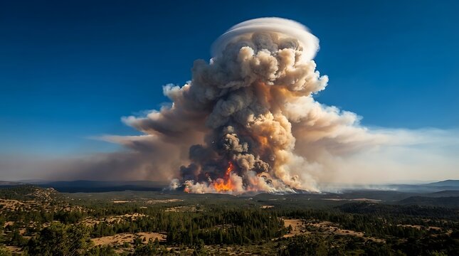Massive Wildfire Creates Pyrocumulus Cloud Over Forested Landscape Under Blue Sky.