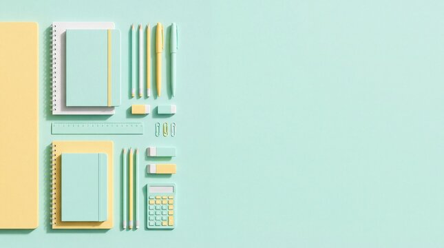 Flat lay of organized pastel school supplies and stationery on mint green background