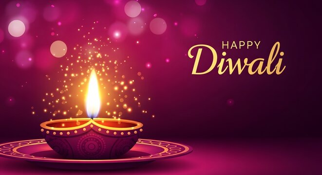 Traditional clay diya lamp glowing against a dark purple background for the indian festival of happy diwali