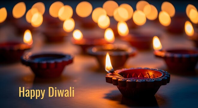 Traditional clay oil lamps glowing in the dark for the hindu festival of lights known as happy diwali