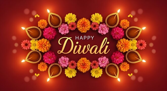 Happy diwali greeting card design with traditional oil lamps and colorful marigold flowers on a red background