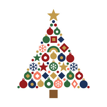 Minimalist Geometric Christmas Tree Composed of Colorful Holiday Ornaments and Stars