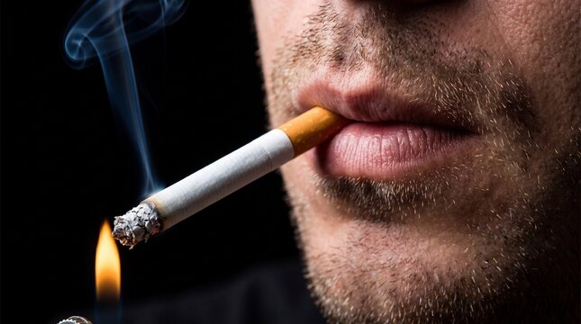 Man lighting cigarette with lighter, burning tip with glowing embers and blue smoke on black background

