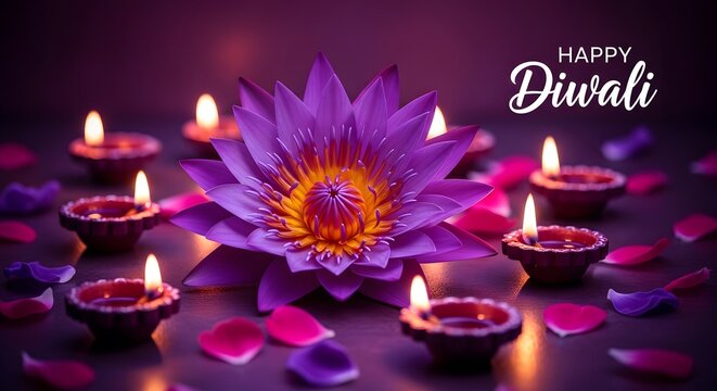 Beautiful diwali background with a glowing purple lotus flower and traditional clay oil lamps on a dark surface