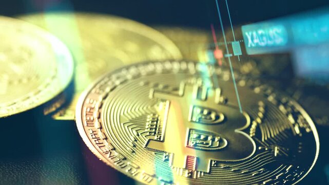 A dynamic timelapse video featuring fast moving stock market candlestick bars blended with golden bitcoin coins, representing cryptocurrency trading, digital assets, and market volatility.