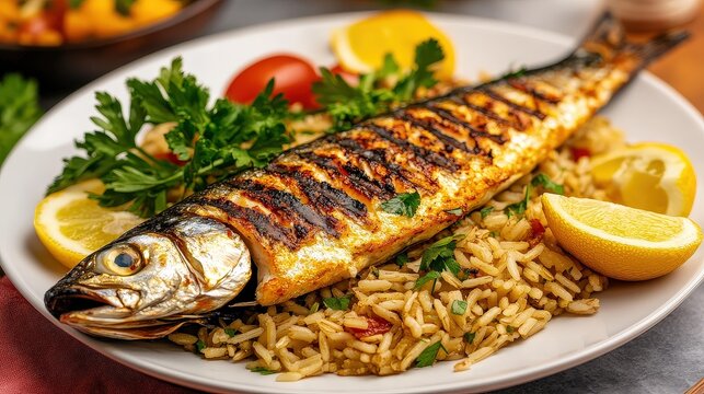 A grilled whole fish served on a plate with seasoned rice, lemon wedges, cherry tomatoes, and fresh parsley garnish.