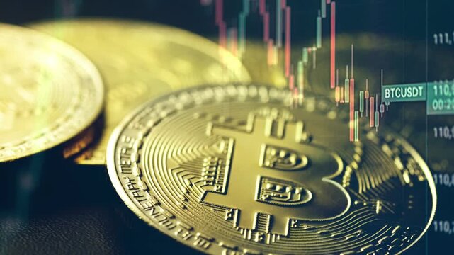 A dynamic timelapse video featuring fast moving stock market candlestick bars blended with golden bitcoin coins, representing cryptocurrency trading, digital assets, and market volatility.