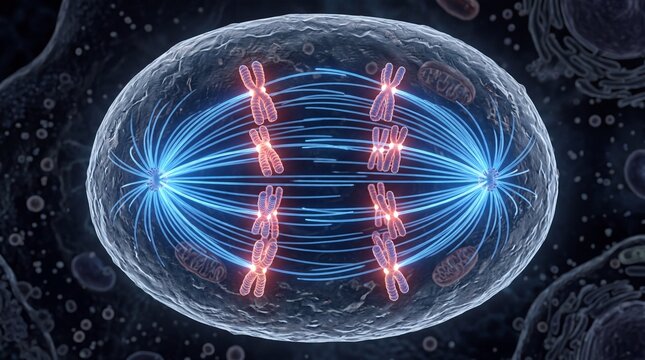Microscopic meiosis process showing chromosome division in cell