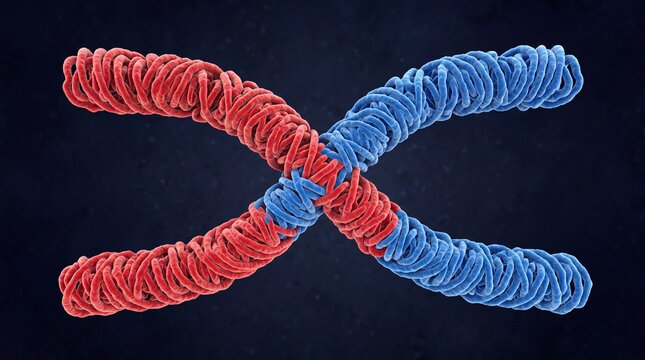 Meiosis process showing chromosome crossing over in red and blue