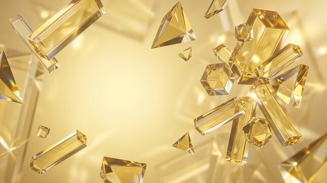 Abstract geometric golden crystal shapes floating in light