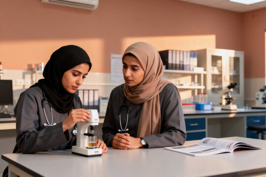 Two Saudi colleagues reviewing a sample analysis instrument during a trainee assessment in a Jeddah generic clinical laboratory, soft late afternoon light, soft clay and charcoal palette