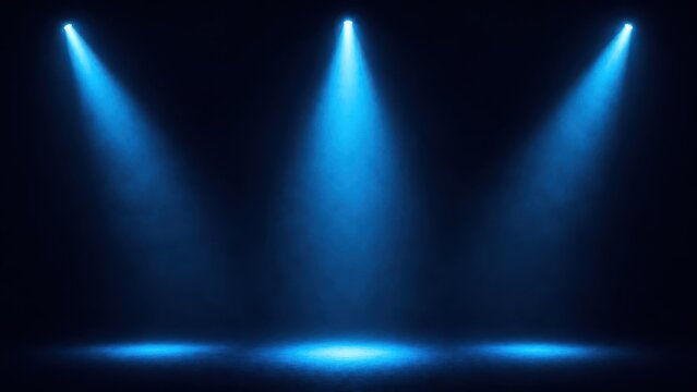 Dramatic bright blue stage spotlights illuminate a dark smoky background