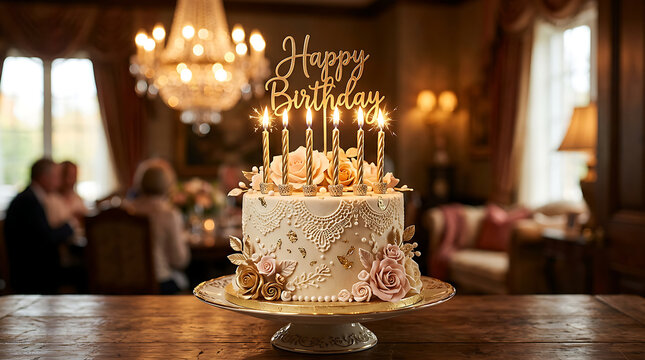 Elegant birthday cake with candles on wooden table.