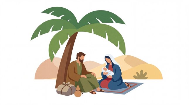 Nativity scene holy family vector in desert under palm tree