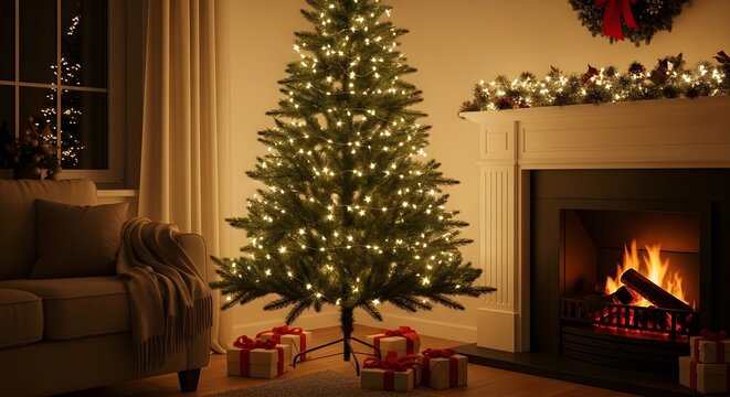Cozy Christmas tree by warm fireplace in living room.