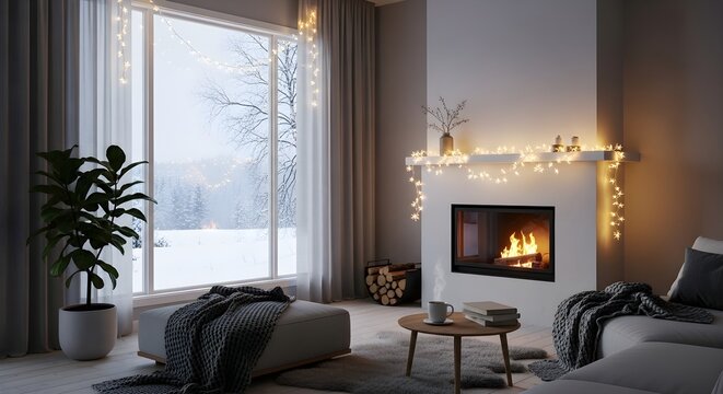 Cozy living room with fireplace and holiday decorations.
