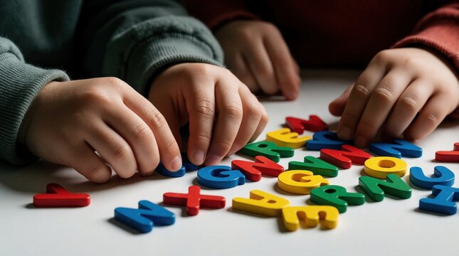 Childrens hands arrange colorful alphabet blocks creating words and learning letters. Kids play with educational toys developing early literacy skills in a fun, interactive preschool activity.