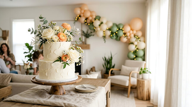 Elegant tiered wedding cake with floral decorations.