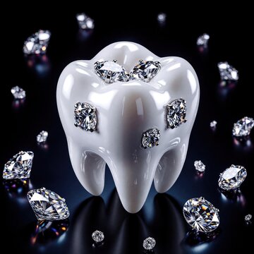 Luxury white tooth decorated with sparkling diamonds on dark background. Premium dental aesthetics concept with gemstones on enamel. High end jewelry style tooth with shining jewels. Glamorous dental