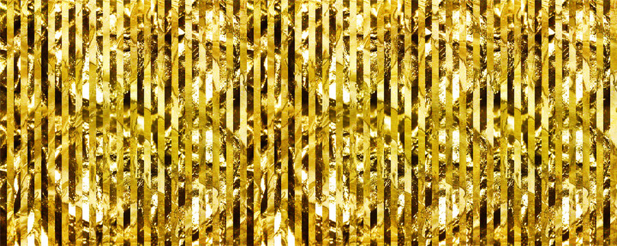 Shining gold foil fringe curtain backdrop with wavy metallic tinsel streamer lines for glamour night club party decoration and holiday sale banner copy space