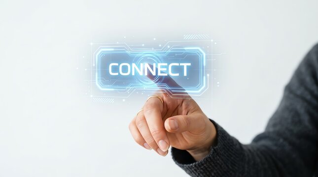 Hand pressing a glowing blue digital button labeled 'CONNECT' on a futuristic interface, representing connection and technology