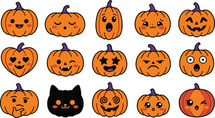 Fototapeta premium Halloween Pumpkin and Jack O Lantern Vector Collection with Intricate Carved Faces and Festive Spooky Designs