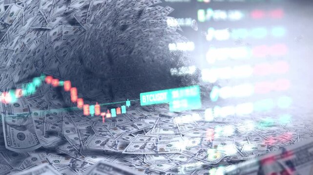 A dynamic timelapse video featuring fast moving stock market candlestick bars blended with dollars shaped like a massive tsunami wave, representing market volatility, cash inflow, and financial power.