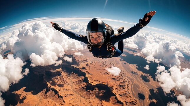 Woman skydives over desert canyon, camera on wrist records freefall. She flies high above clouds, enjoying extreme sport adventure and amazing earth view.