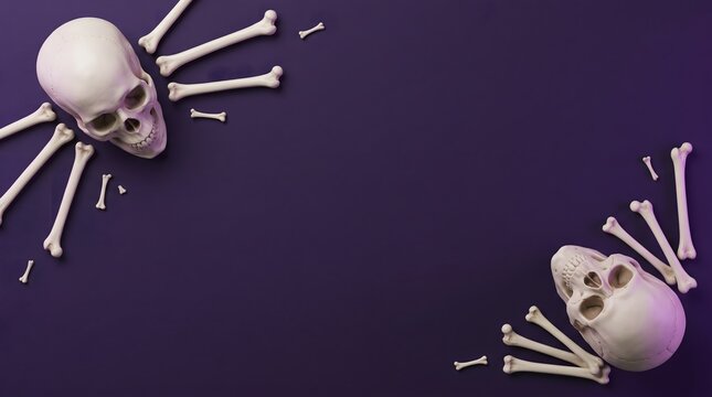 Two human skulls with scattered bones arranged on a dark purple background for a halloween themed flat lay