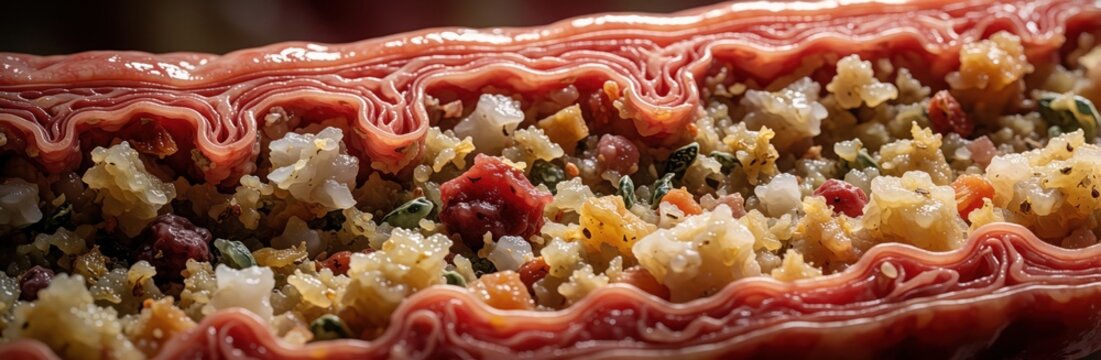 Extreme macro view of food inside human digestive tract. Partially digested organic matter moves through stomach tissue with gastric acid. Close up shows texture of intestinal wall, meal breakdown