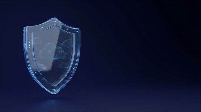 Floating futuristic glass shield containing glowing cloud network icons on dark background for secure cloud computing data storage concepts