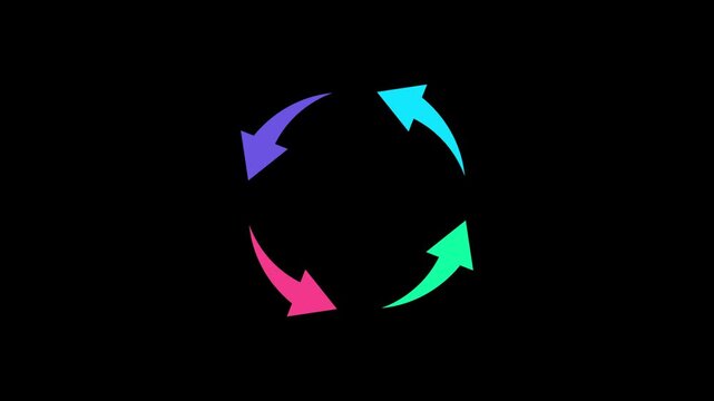 Colorful neon circular loading animation with rotating arrows on black background, circle | 4K Motion video